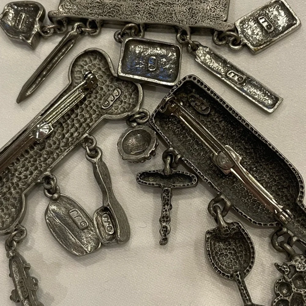 Lot of 4 Vintage JJ Jonette Pewter Pins Angel, Wine Bottle, Dog Bone, Math Board